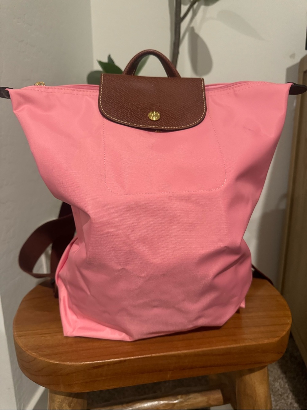 Longchamp Pink Nylon Backpack with Brown Trim and Gold Accent